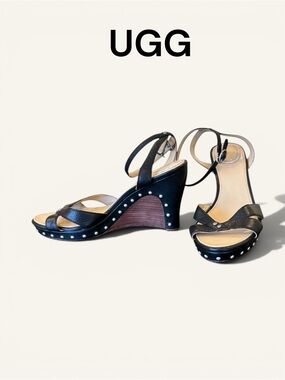 🩶 UGG Australia Black Leather Studded Wedge Sandals| Boho Sling-backs | Sz 9W